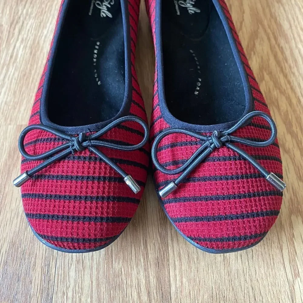 Soft Style by Hush Puppies Heartbreaker Stripe Fabric Flats Red and Black 6
